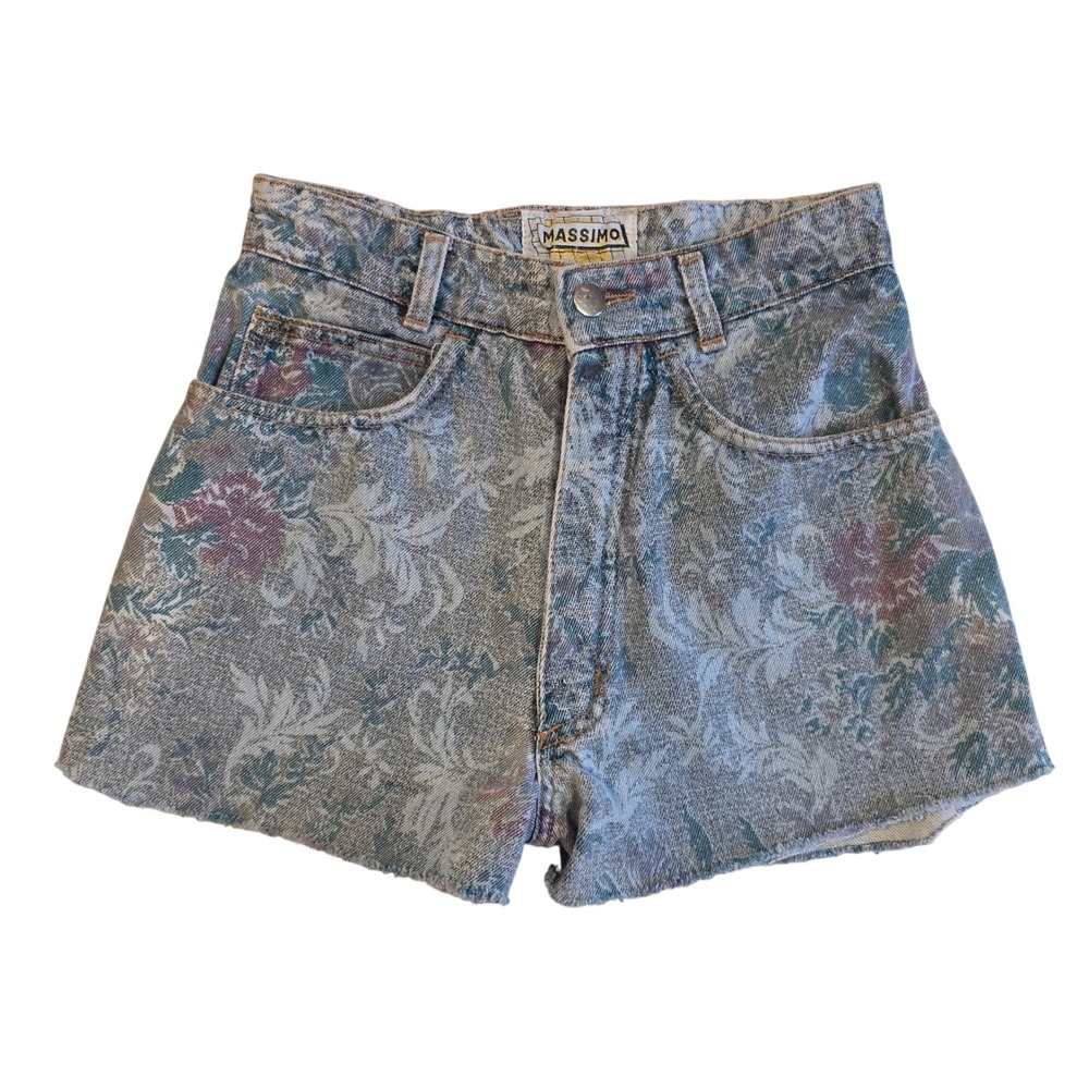 Vintage 80s Massimo High Waist Floral Denim Shorts Made in Italy Cut Offs 25